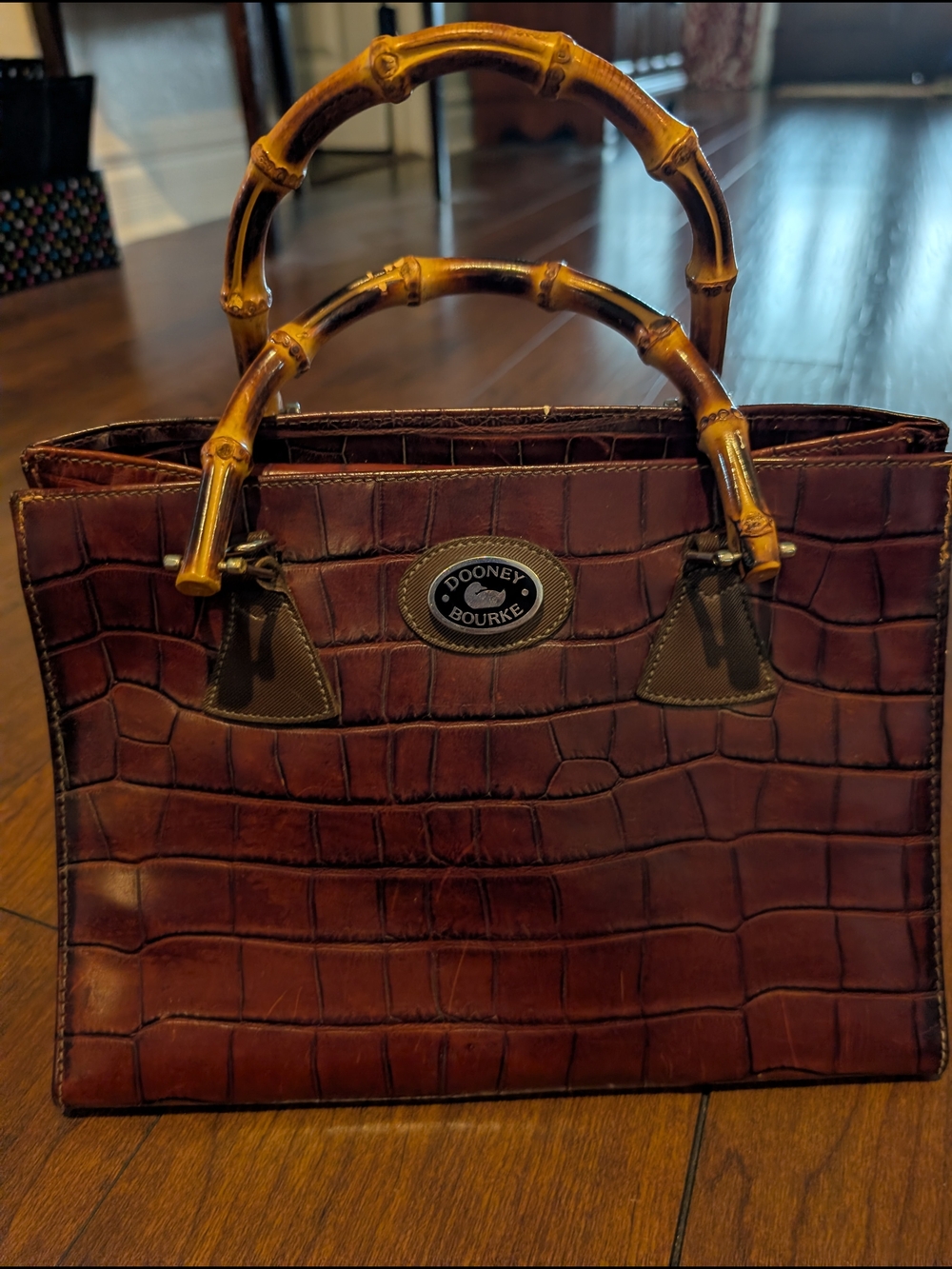 Dooney & Bourke Brown Croc-Embossed Satchel with Bamboo Handles